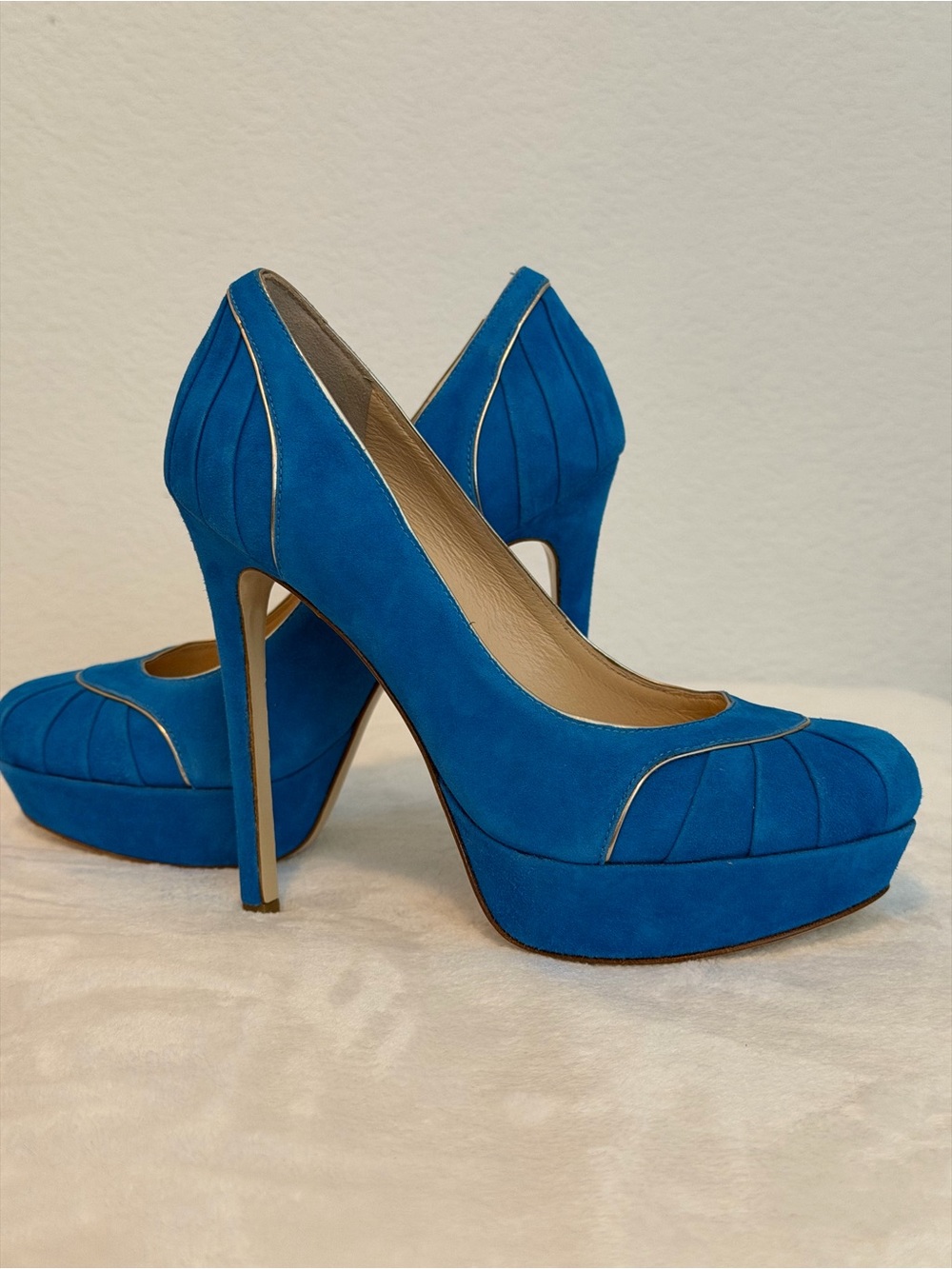 Stella Luna | Teal Suede Platform Stiletto Heels with Gold Trim | Size 35